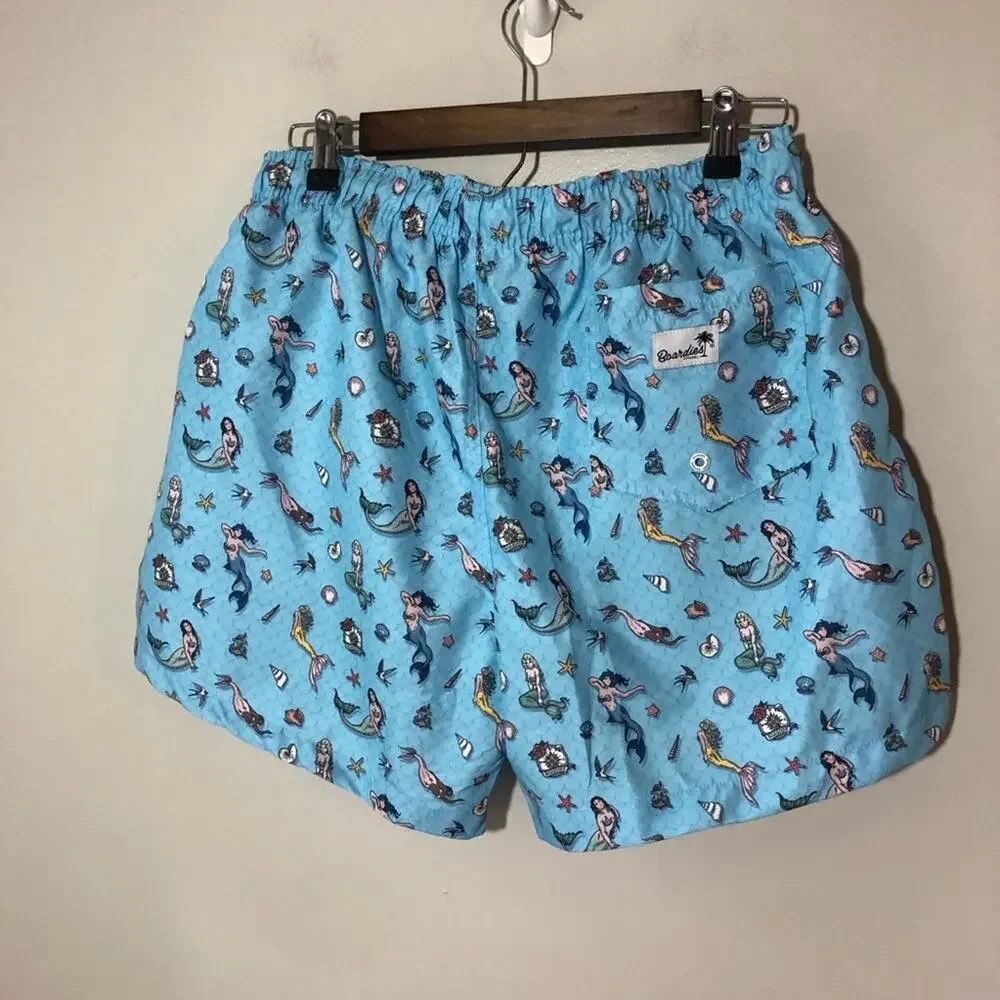 NWT Boardies mens L swim trunks mermaid print light blue seashore nautical
